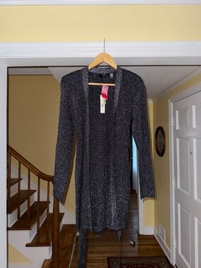 Tahari Metallic Open-Front Long Sleeve Knit Cardigan Dress - Black